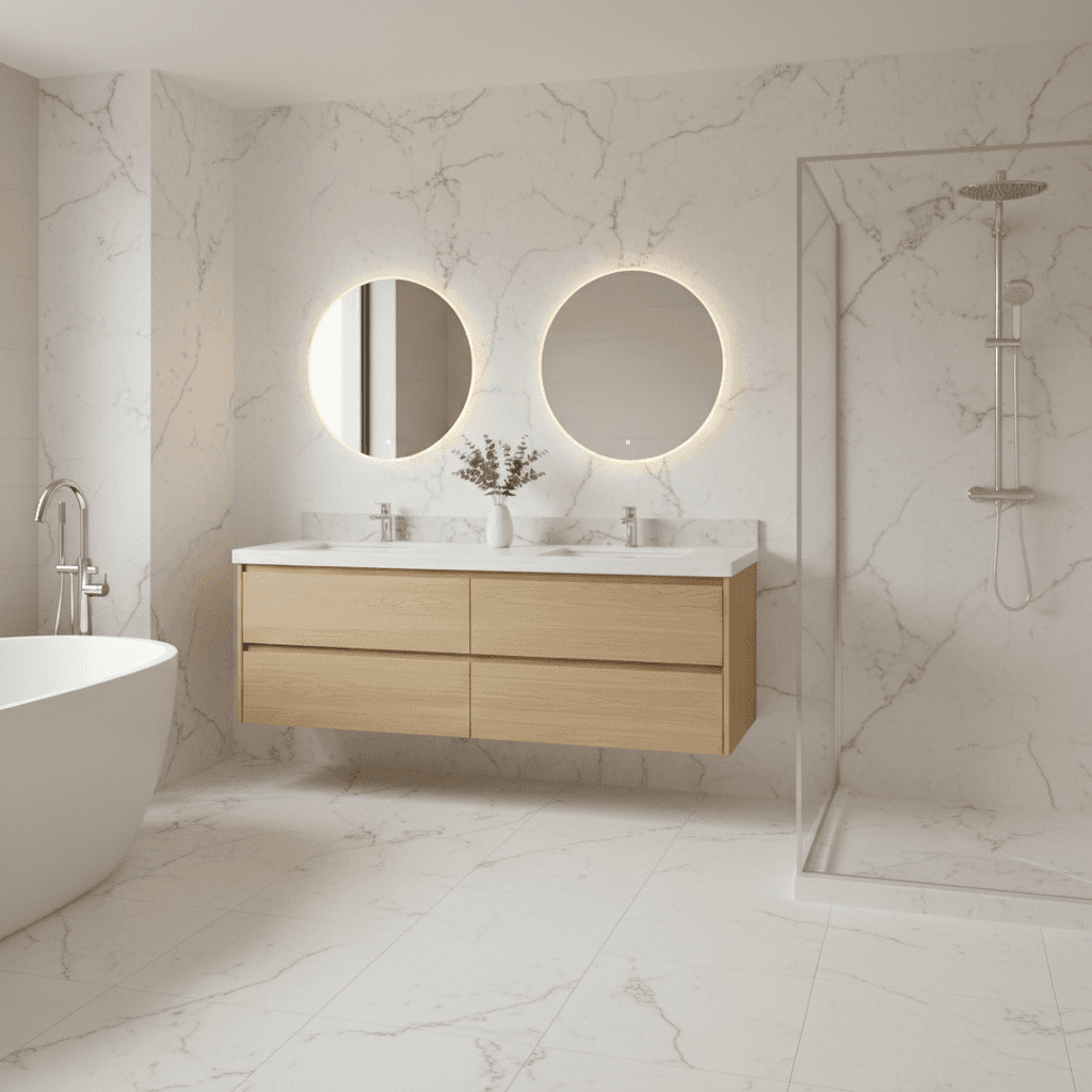 Bright remodeled bathroom with double vanity