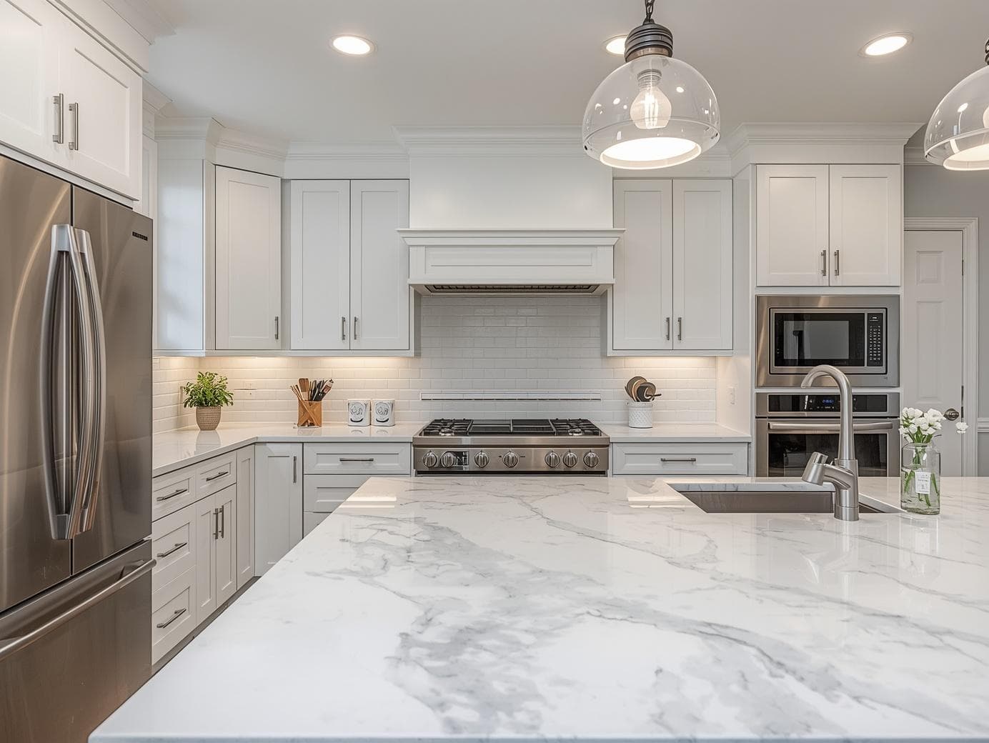 Completed kitchen remodel with marble countertop